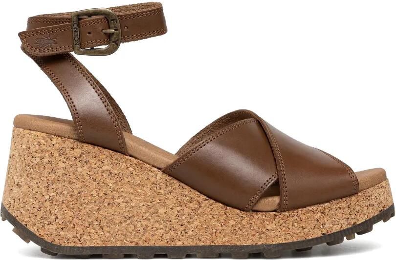 Fly London Leren sandalen met sleehak van kurk Bruin