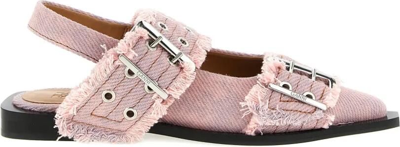 GANNI Platte denim pumps met franje en gesp Roze
