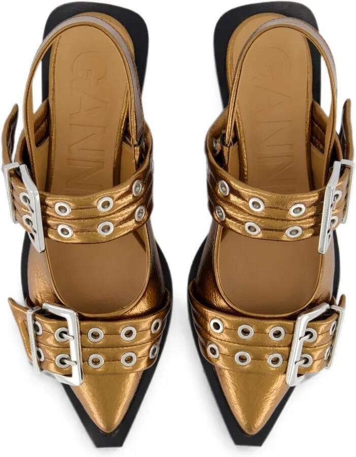 GANNI Platte pumps met gespdetail en puntige neus Goud - Foto 3