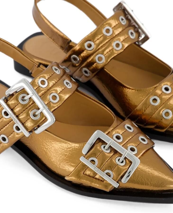 GANNI Platte pumps met gespdetail en puntige neus Goud - Foto 2