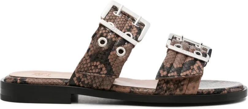 GANNI Sandalen met slangenleer-effect en gespsluiting Bruin