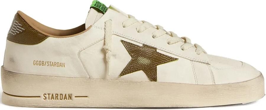 Golden Goose Stardan sneakers van wit leer met legergroene leren hiellus en ster met slangenprint Beige
