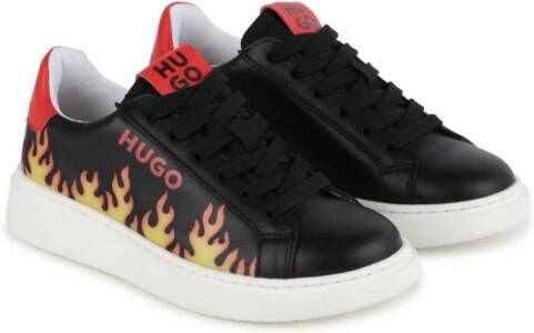 HUGO KIDS Leren sneakers met vlammenprint Zwart