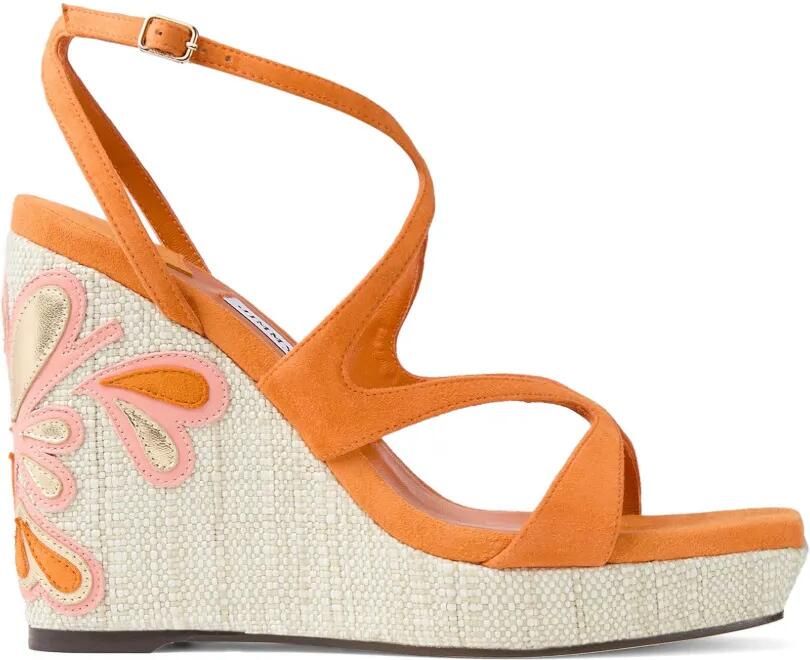 Jimmy Choo Ayla 110 Sunset Orange en Natural Mix suède en nappa leren sleehakken met raffia Oranje