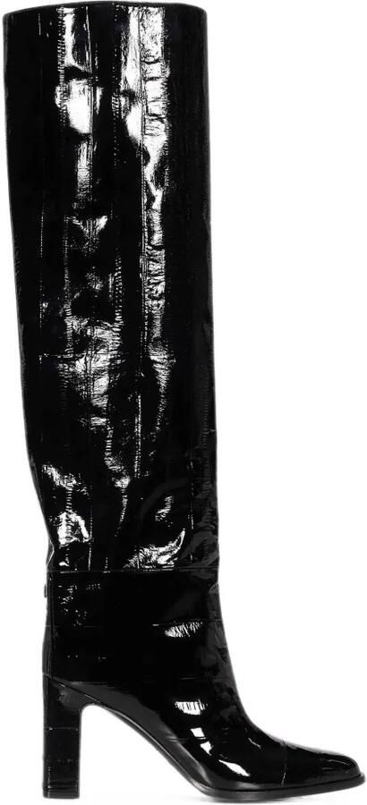 Jimmy Choo Caly 85 black shiny eel-embossed leather knee-high boots Zwart