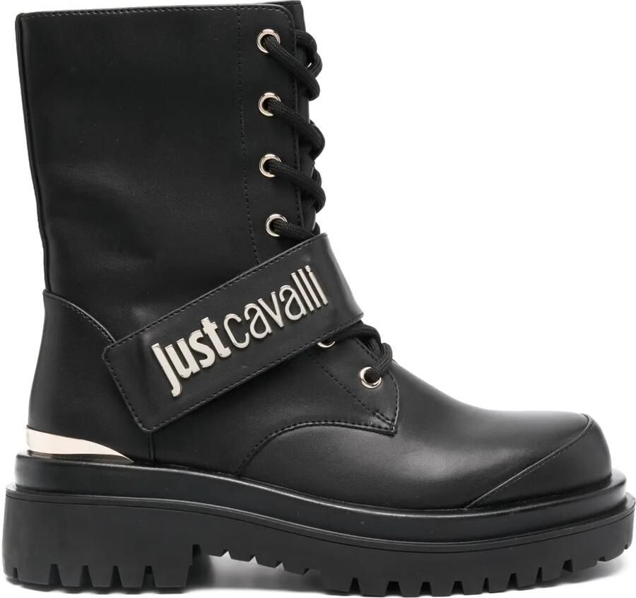 Just Cavalli Combat boots met logoplakkaat Zwart