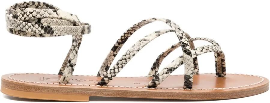 K. Jacques Leren sandalen met enkelbandjes en slangen-effect Beige
