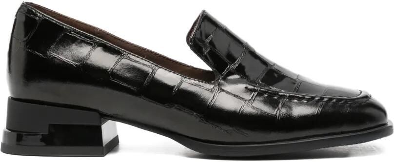 LINDA BAUMANN Leren loafers met krokodillen-reliëf Zwart
