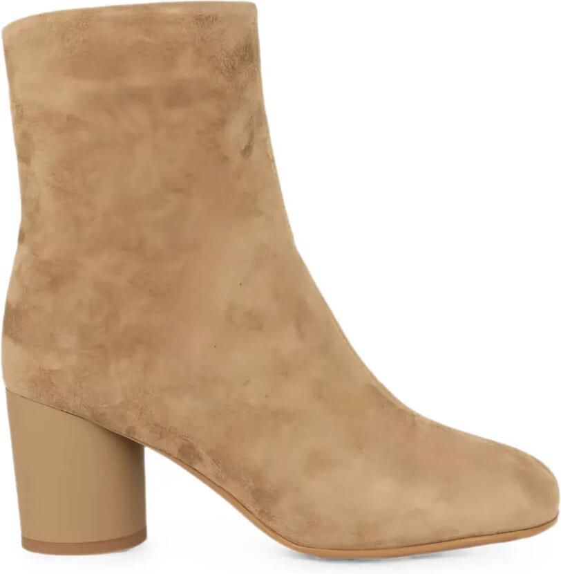 LINDA BAUMANN Suède enkellaarzen met blokhak Beige
