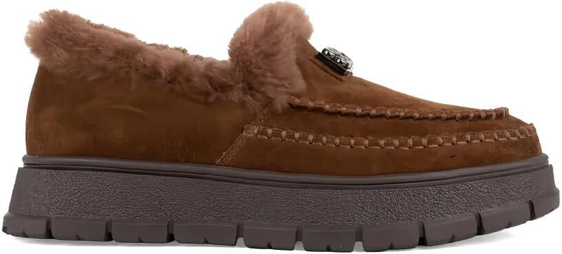 LINDA BAUMANN Suède loafers met afwerking van bont Bruin