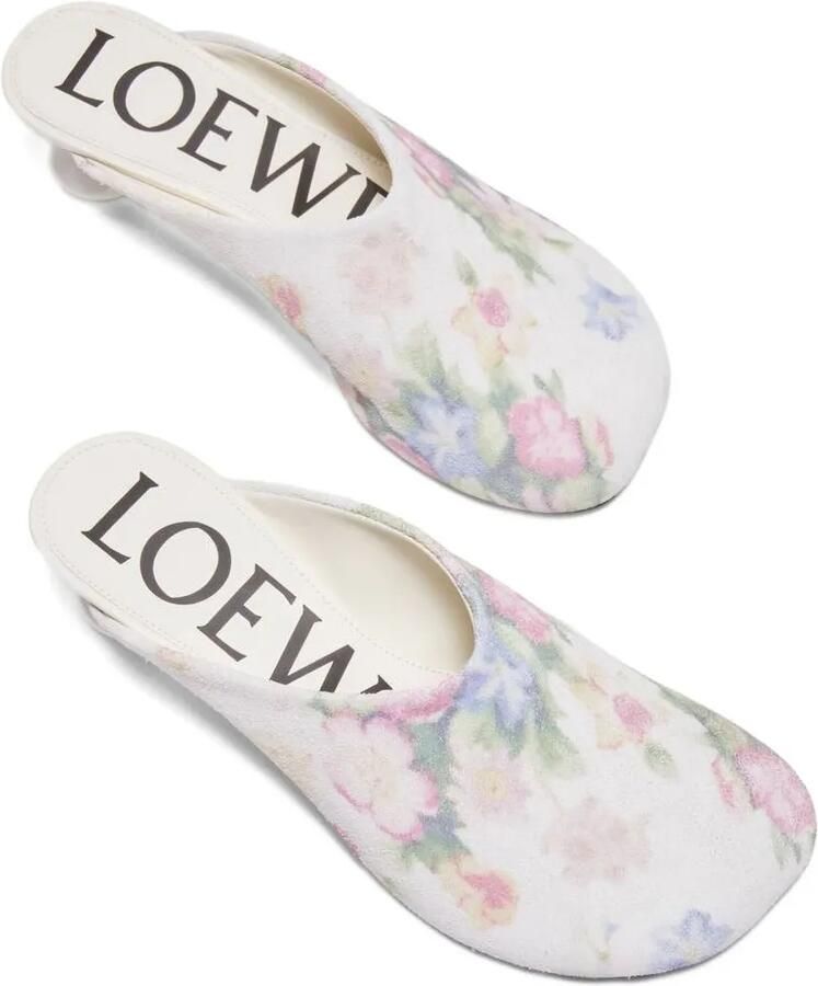 LOEWE 45 mm kalfsleren muiltjes met bloemenprint Wit