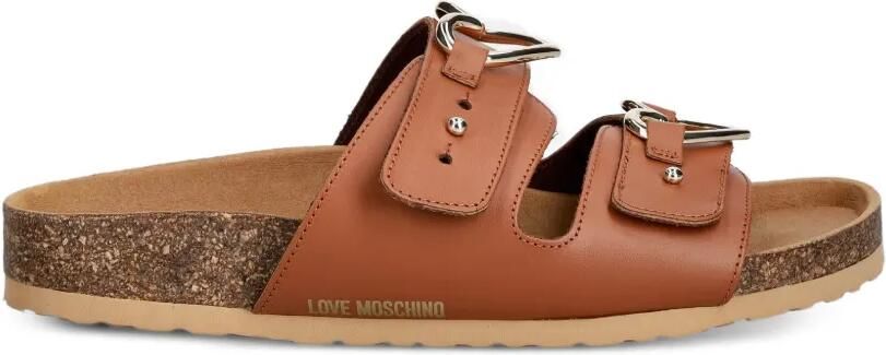 Love Moschino Leren slippers met hartvormige gesp Bruin