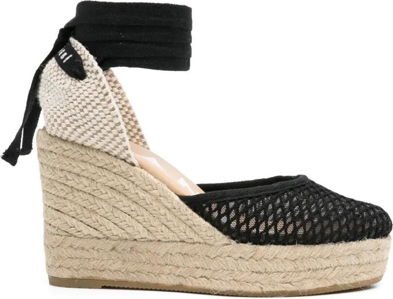 Manebi Espadrilles met mesh en wikkelstrik Zwart