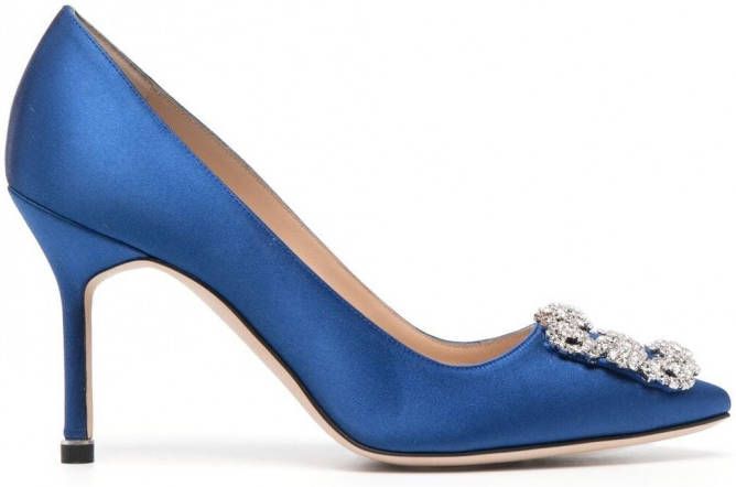 Manolo Blahnik 90 mm Hangisi verfraaide satijnen pumps Blauw