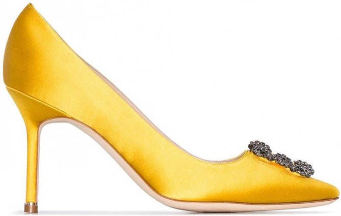 Manolo Blahnik Hangisi 90 pumps met kristallen gesp dames satijn leerleer 35.5 Geel