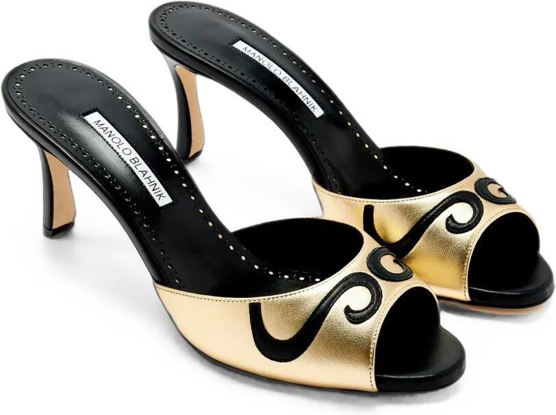 Manolo Blahnik Leren sandalen met rolwerkapplicatie en hak Goud - Foto 3
