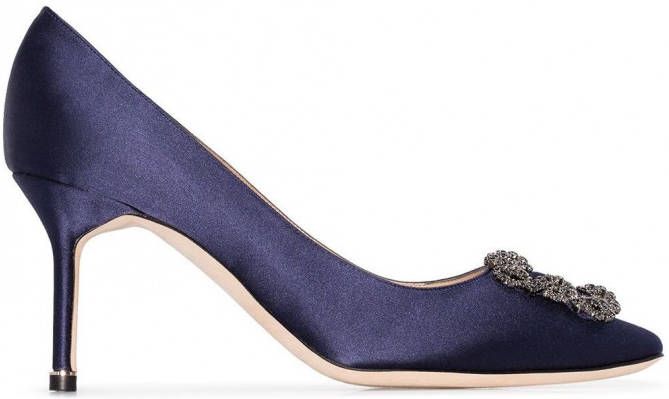 Manolo Blahnik marine blauwe Hangisi 70 pumps van zijde en satijn met gesp en kristallen