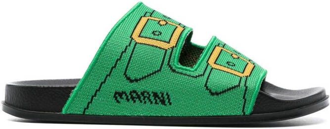 Marni Buckle slippers met dubbele bandjes en print Groen