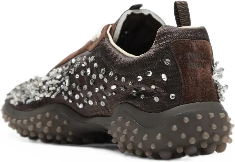 Miu Bubble embroidered technical fabric and suede sneakers Bruin - Foto 3