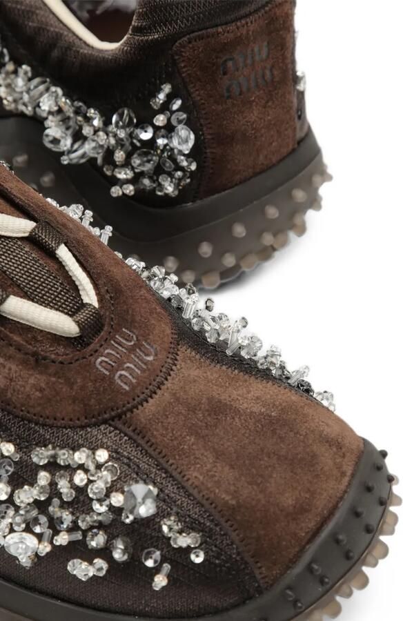 Miu Bubble embroidered technical fabric and suede sneakers Bruin - Foto 2