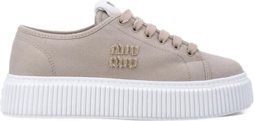 Miu denim sneakers with logo Beige