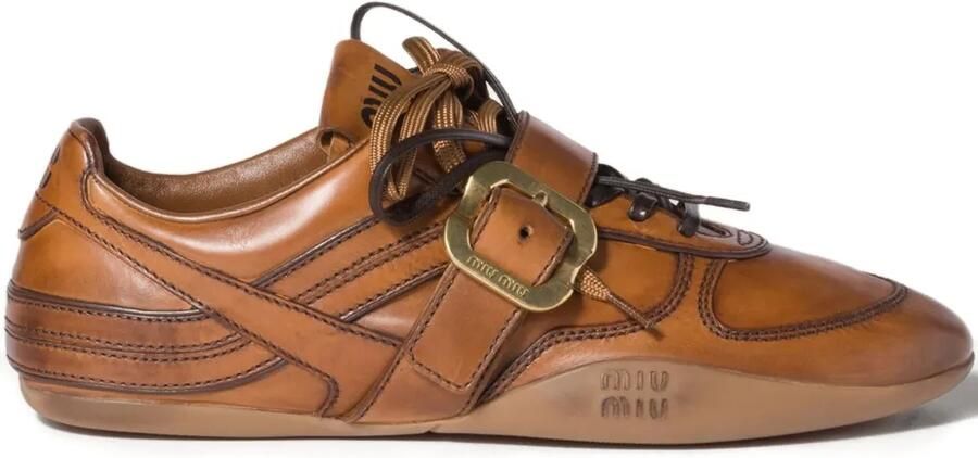 Miu Gymnasium leren sneakers met gespbandje Bruin