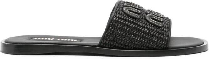 Miu Raffia slippers met logopatch Zwart