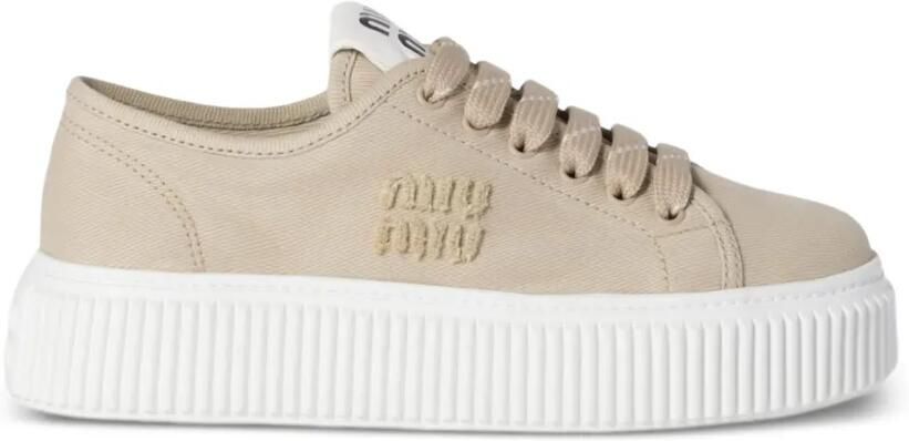 Miu Sneakers met geborduurd logo en plateauzool Beige - Foto 4