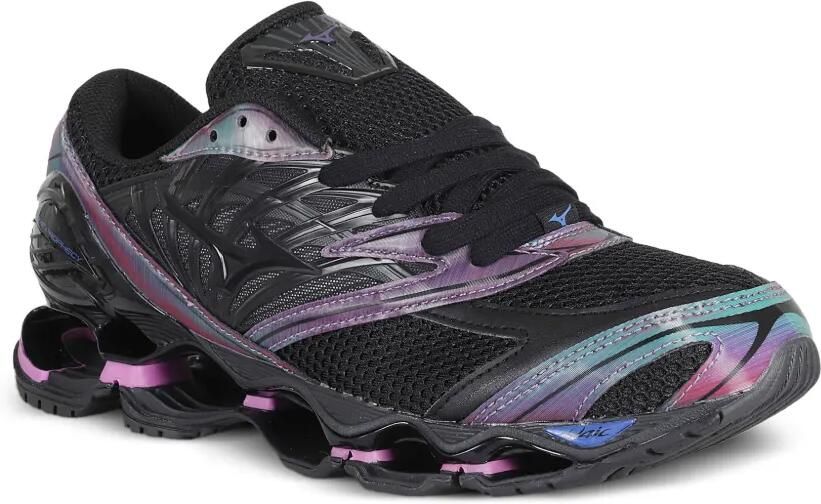 Mizuno Wave Prophecy sneakers met vlakken- zwart- paars- mesh vlakken- design met vlakken- veters aan de voorkant- logopatch op de tong- logo op de.