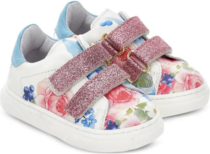 Monnalisa Sneakers met glitterbandje en bloe print Wit