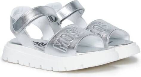Moschino Kids Leren sandalen met geborduurd logo Zilver