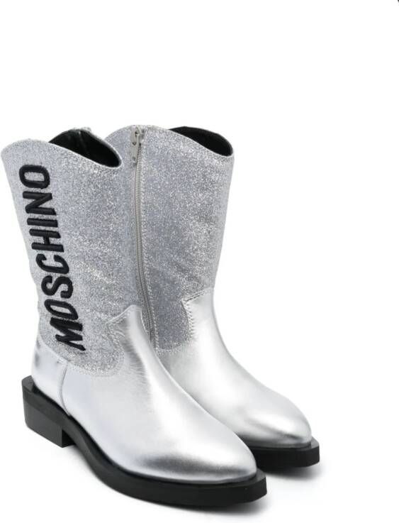 Moschino Kids Knielaarzen met geborduurd logo Zilver