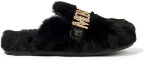 Moschino Kids Slippers van imitatiebont met logo Zwart