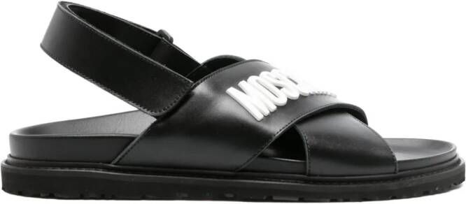 Moschino Leren sandalen met gekruiste band en logoplakkaat Zwart