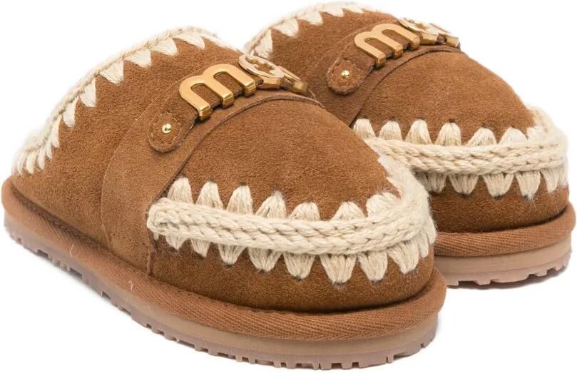 Mou Kids Slippers met logo en gevlochten afwerking Bruin