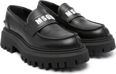 MSGM Kids Leren loafers met geborduurd logo Zwart