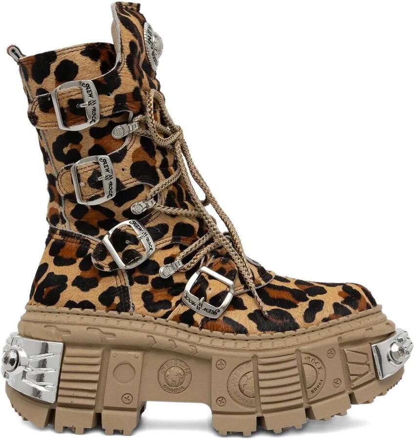 NEW ROCK 100 mm combat boots met luipaardprint en gesp Bruin