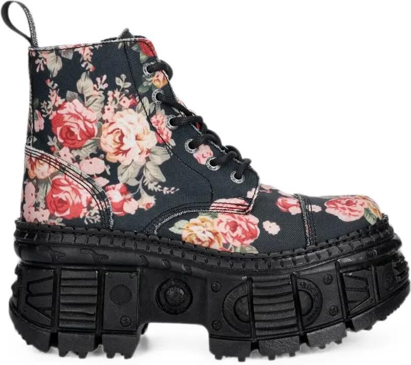 NEW ROCK Enkellaarzen met plateauzool en bloemenprint Zwart