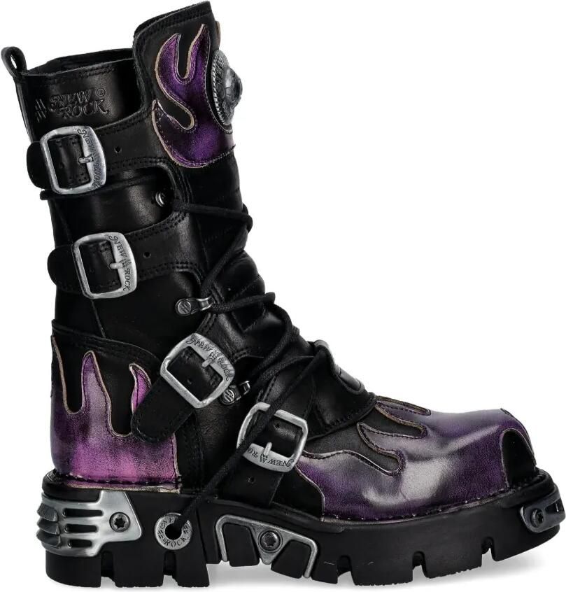 NEW ROCK Leren laarzen met vlammenprint Zwart
