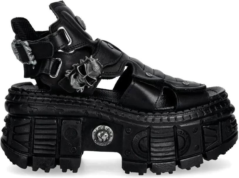 NEW ROCK Sandalen verfraaid met doodskop en plateauzool Zwart