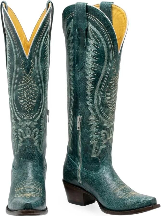 NORTALIE Agave geborduurde leren cowboylaarzen Groen - Foto 2