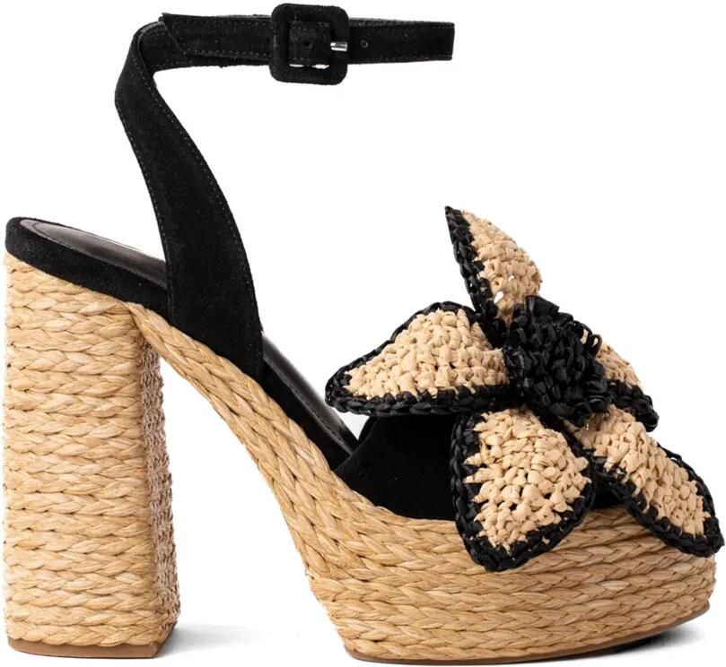 Paloma Barceló Tracy sandalen met bloemen-applicatie en raffia zool Zwart