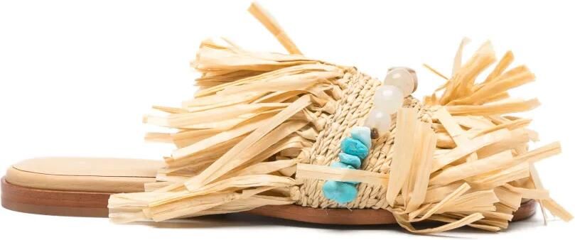 Patrizia Pepe Platte raffia sandalen met franje Beige