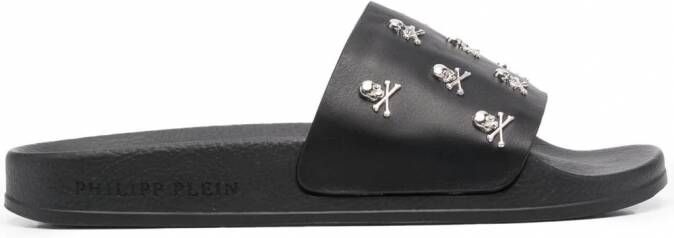 Philipp Plein Crystal Skull leren slippers Zwart