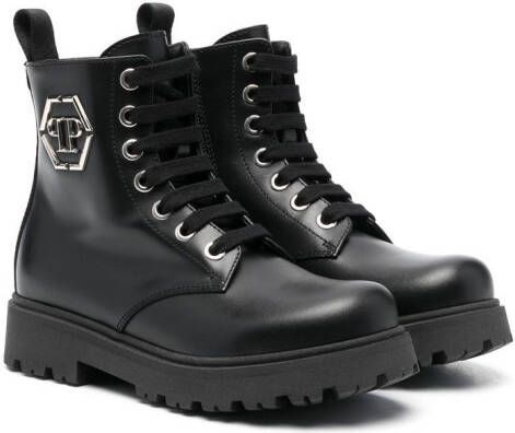 Philipp Plein Junior Combat boots met logoplakkaat Zwart