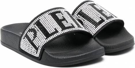 Philipp Plein Junior Slippers verfraaid met kristallen Zwart