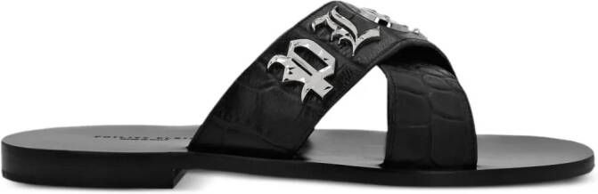 Philipp Plein Leren sandalen met logoplakkaat Zwart