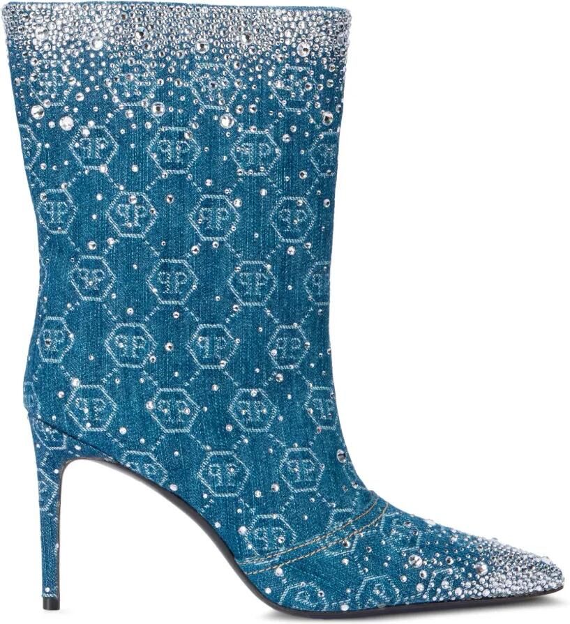 Philipp Plein Denim laarzen met stras en monogram Blauw