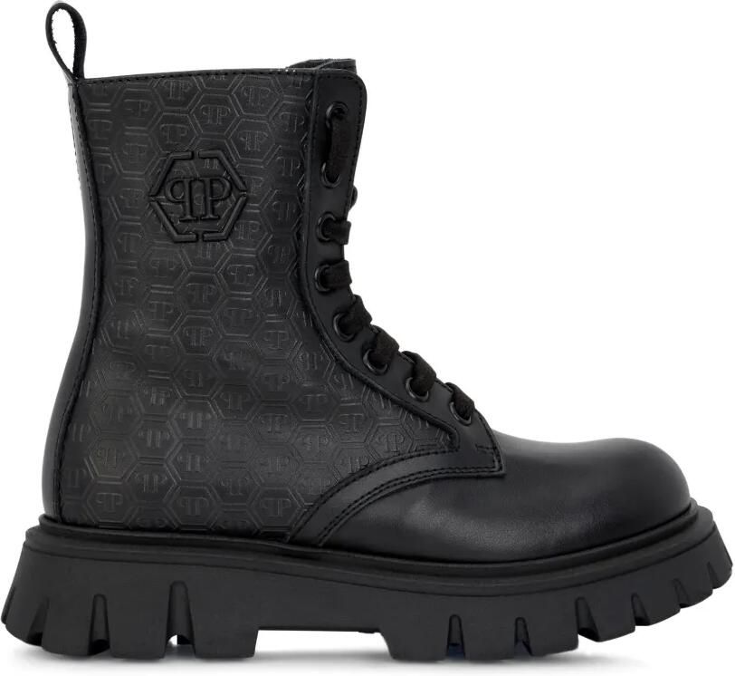 Philipp Plein Junior Hexagon leren combat boots Zwart