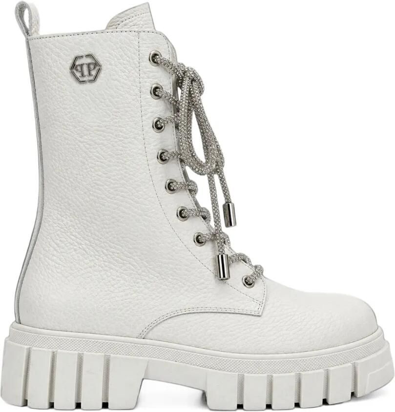 Philipp Plein leather boots Deer-print laces strass Beige